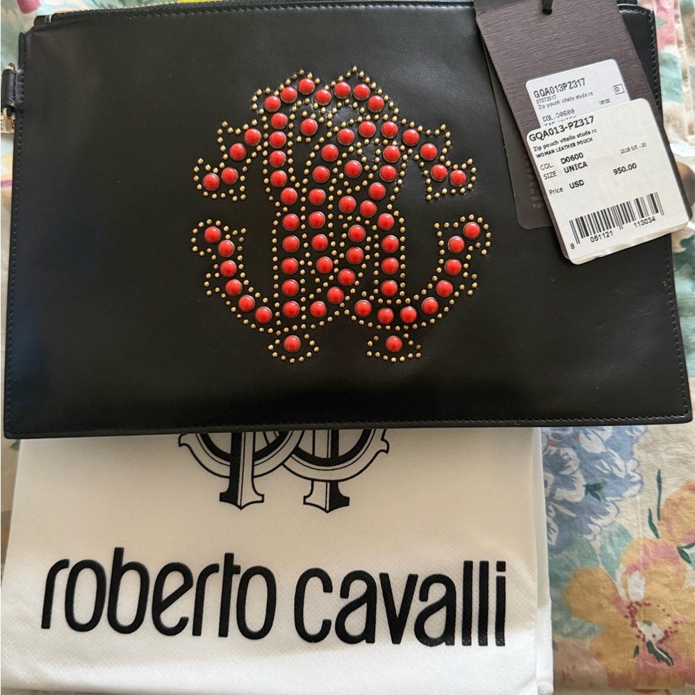 Roberto Cavalli Black Leather Clutch with Red Stud Logo and Gold Accents
